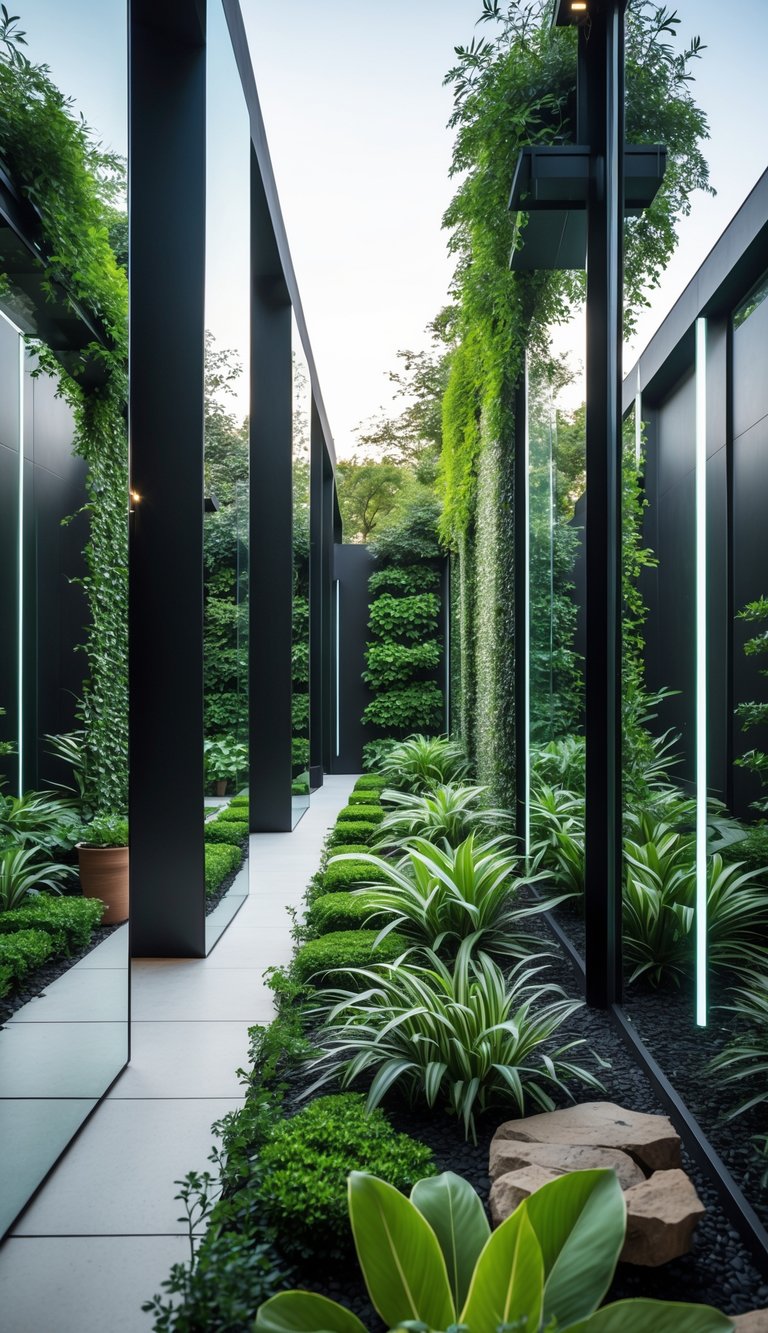 A narrow garden with tall mirrored surfaces reflecting green plants and a clean pathway, creating a sense of expanded space.